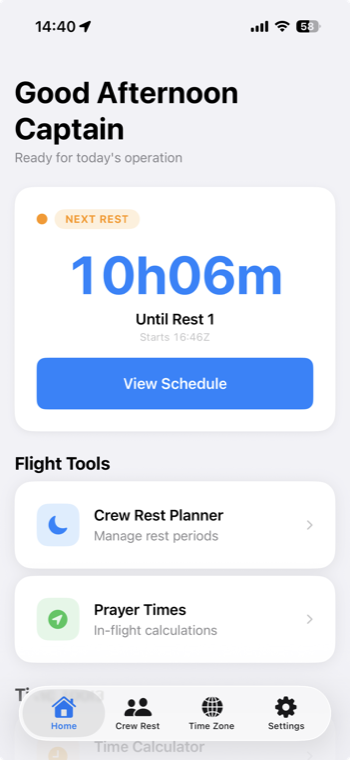 SectorFlow home dashboard showing crew rest and flight tool shortcuts